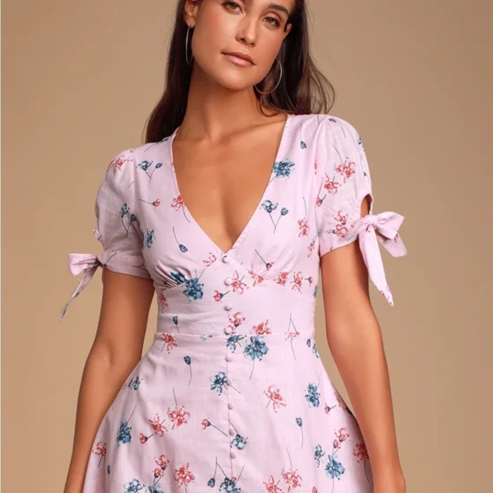 LULU'S Lilly Light Pink Floral Tie Sleeve Dress NWT S LG - Picture 12 of 15
